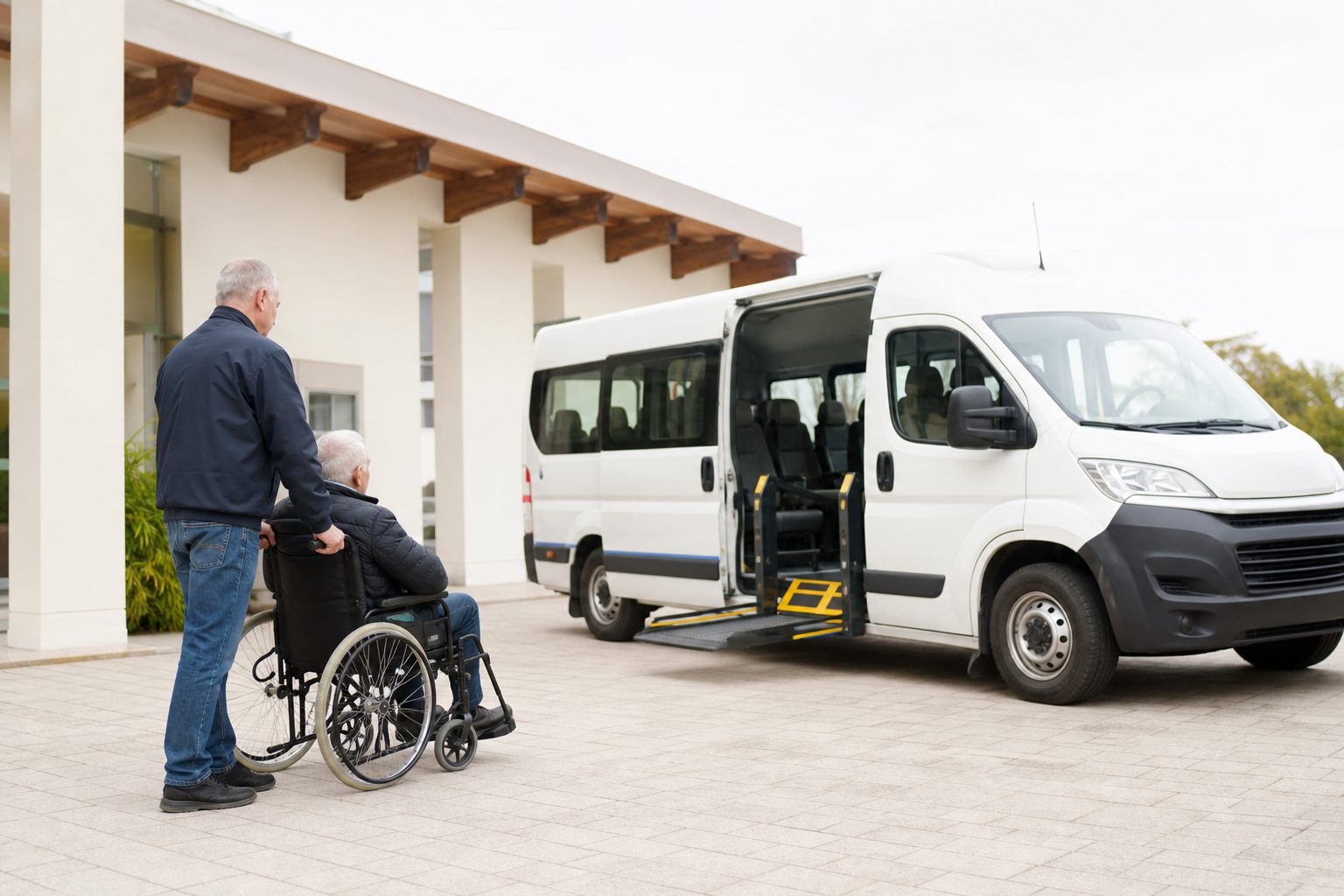 Un accompagnatore spinge una persona anziana in carrozzina verso un minibus bianco con la pedana abbassata.
