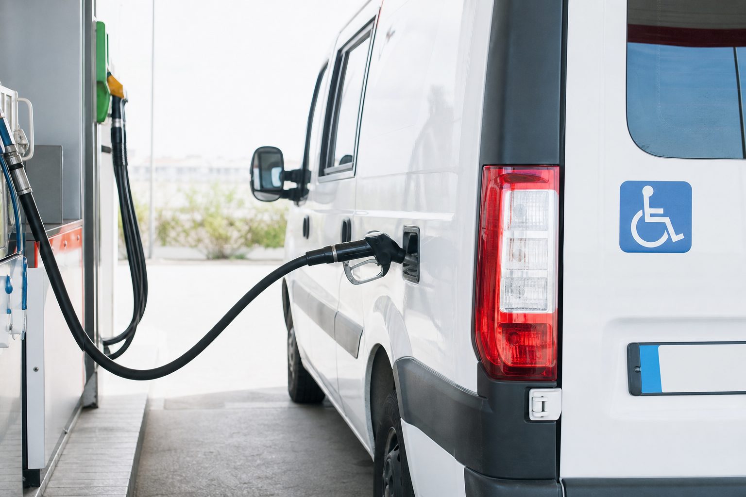 Una stazione di servizio con pompe di carburante grigie e la pensilina vuota, senza automobili.