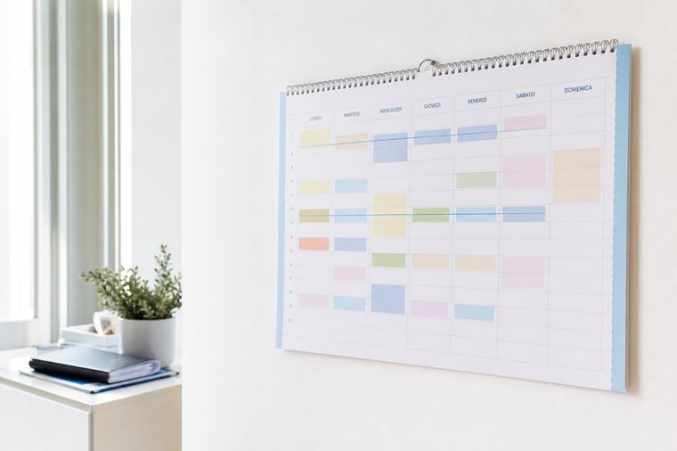 Calendario bianco appeso a una rastrelliera di legno, con le settimane ancora da riempire