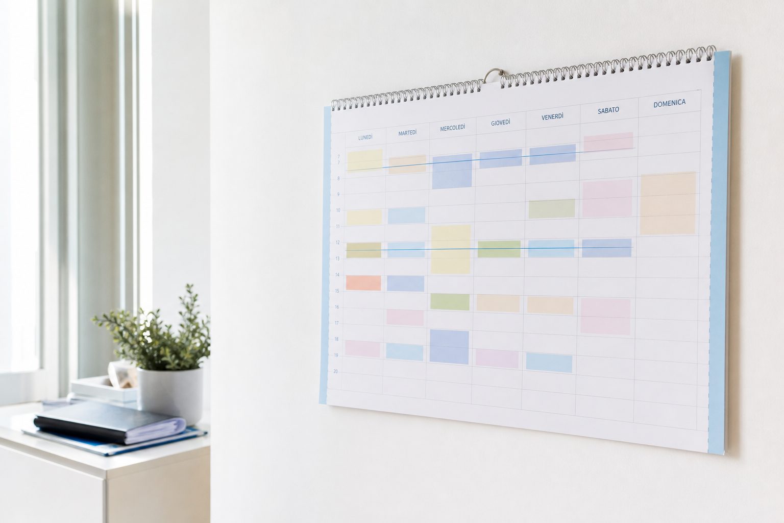 Un calendario bianco appeso a una rastrelliera di legno, con le settimane ancora vuote.